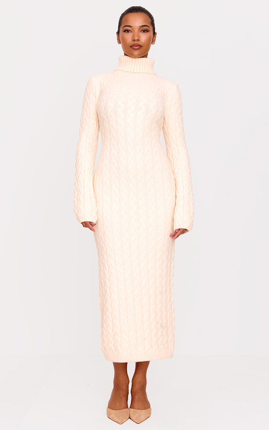Oatmeal Chunky Cable Knit Roll Neck Maxi Sweater Dress