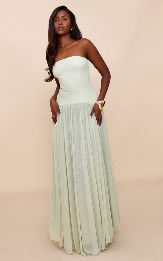 Sage Bandeau Chiffon Pleated Maxi Dress