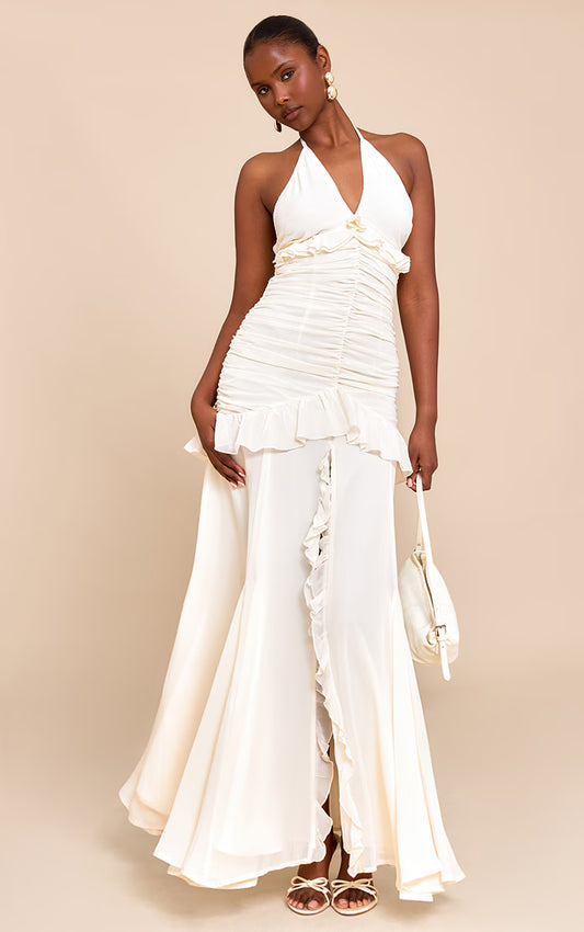 Cream Ruched Frill Halterneck Maxi Dress