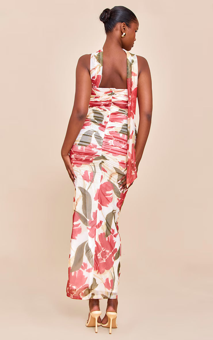 Red Floral Printed Scarf Detail Ruched Maxi Dress