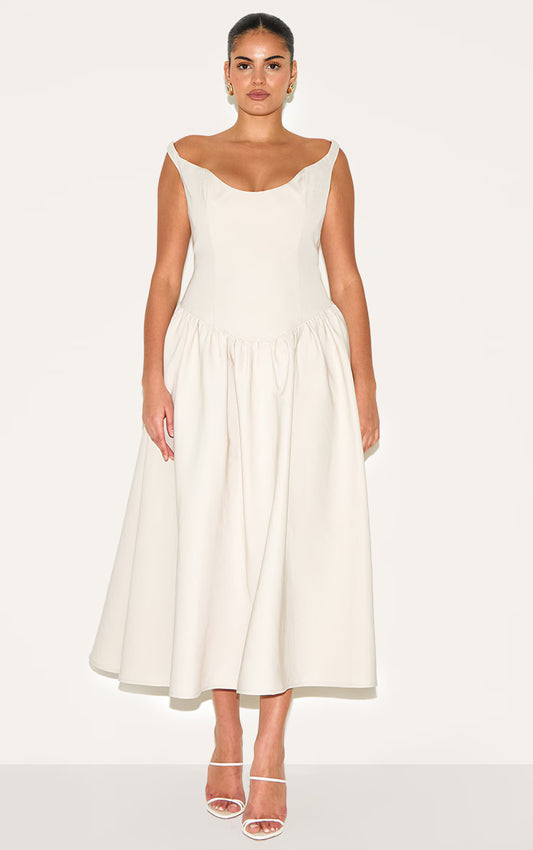 Plus Cream Woven Dipped Bardot Ruched Midaxi Dress