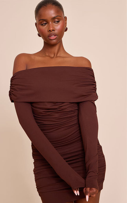 Chocolate Soft Touch Fold Over Ruched Mini Dress