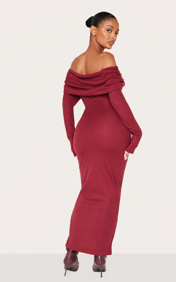 Shape Burgundy Rib Bardot Long Sleeve Maxi Dress