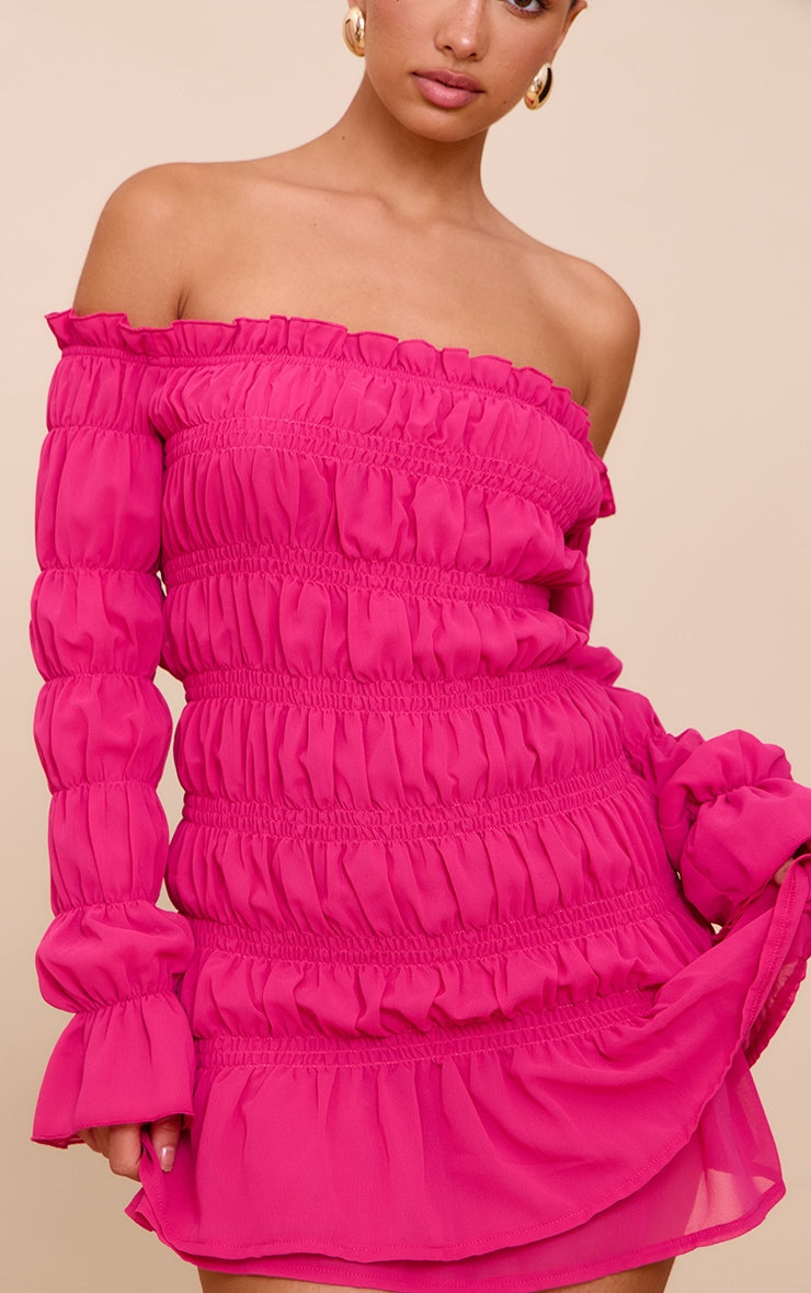 Fuchsia Chiffon Bardot Long Sleeve Ruched Bodycon Dress