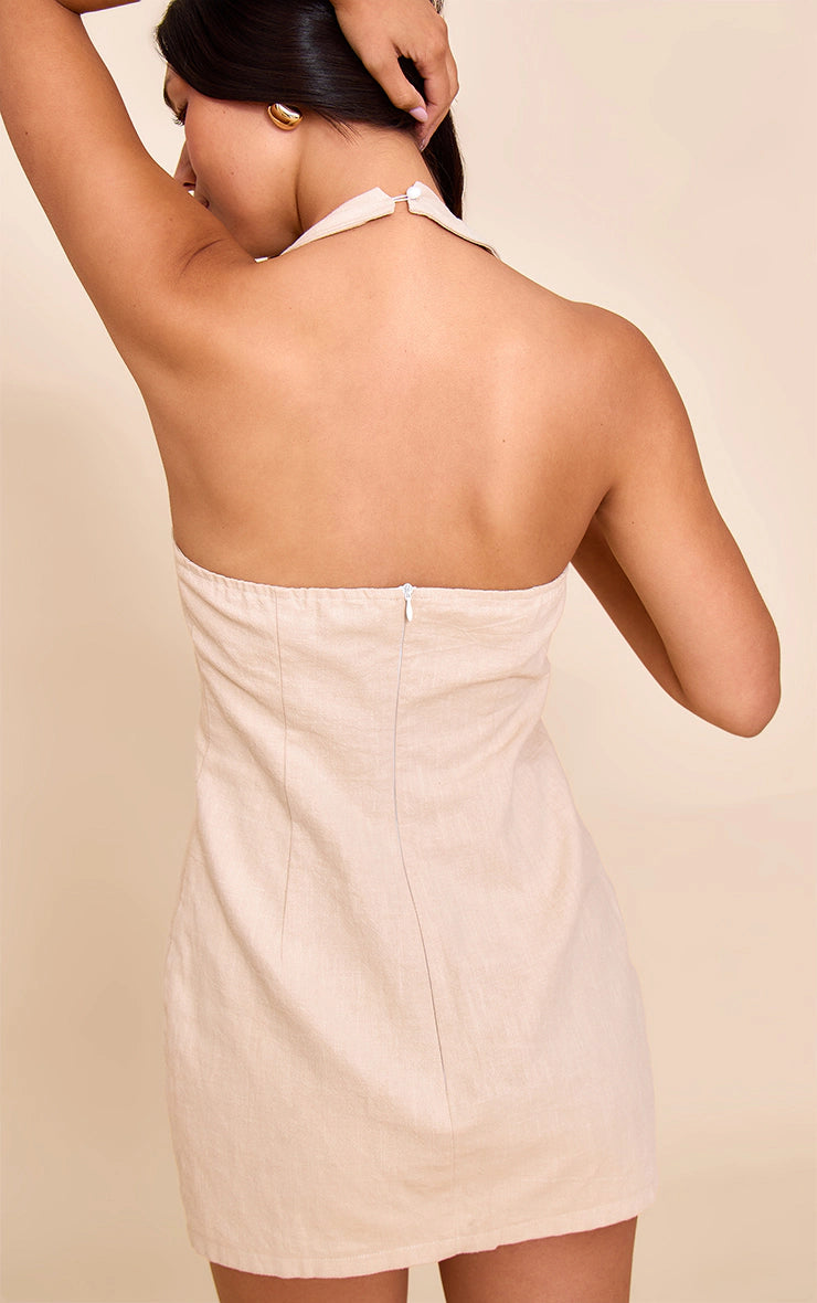 Natural Premium Linen Halterneck Mini Dress