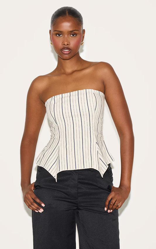 Sand Striped Linen-Blend Peplum Bandeau Top