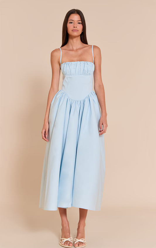 Light Blue Ruched Bust Corset Strappy Midaxi Dress