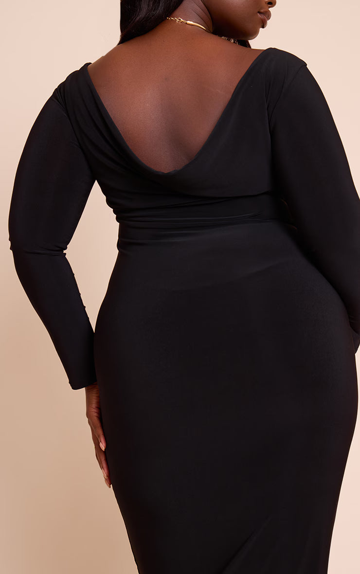 Plus Black Scoop Back Detail Long Sleeve Maxi Dress