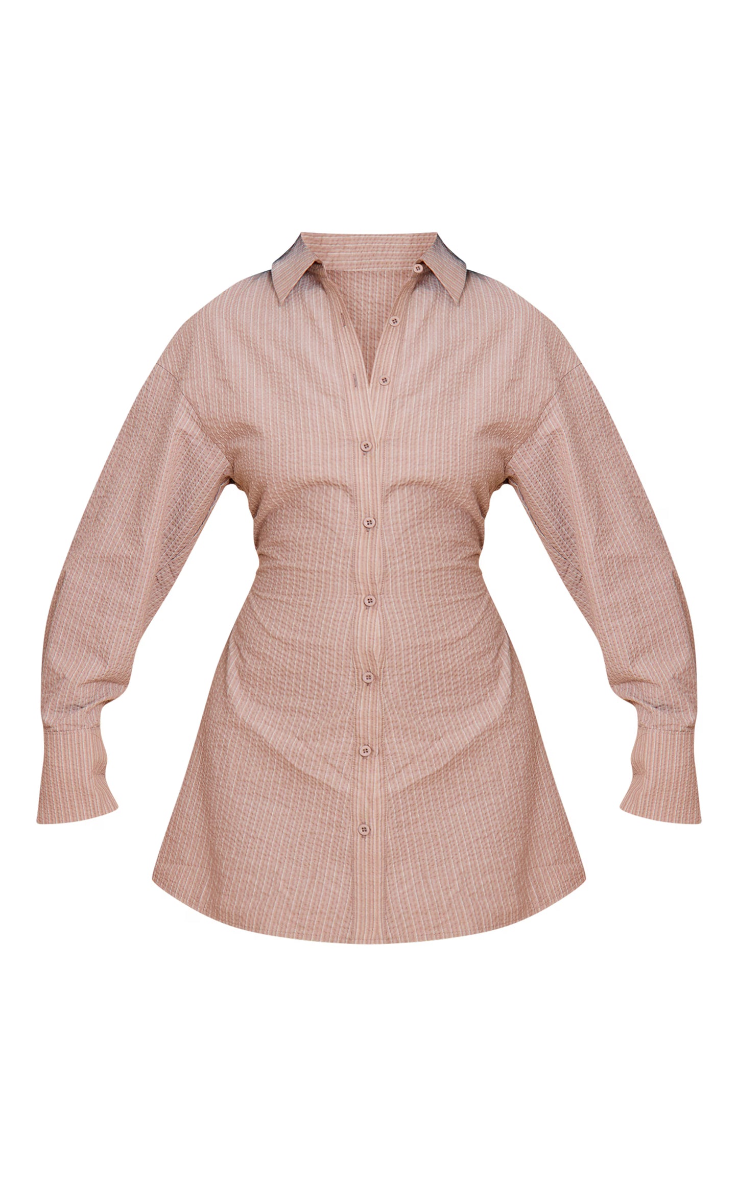 Taupe Pinstripe Seersucker Cinched Waist Shirt Dress