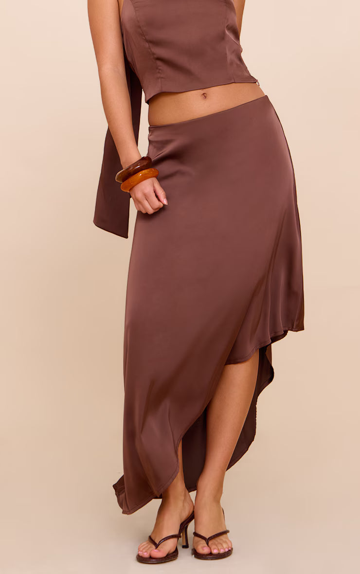 Dark Brown Satin Asymmetric Midi Skirt