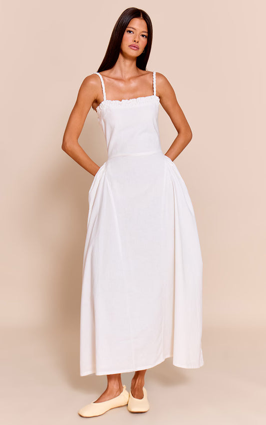 White Braided V Waist Midaxi Dress