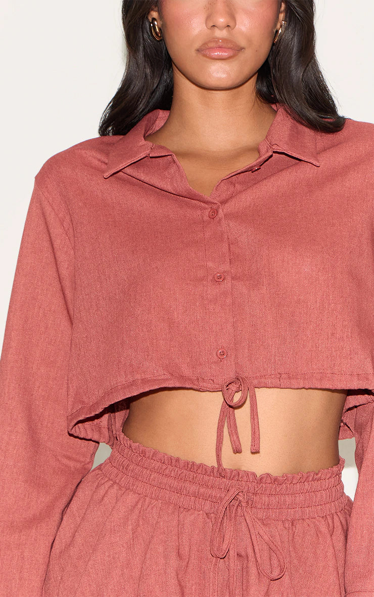 Rust Linen Look Drawstring Cropped Shirt
