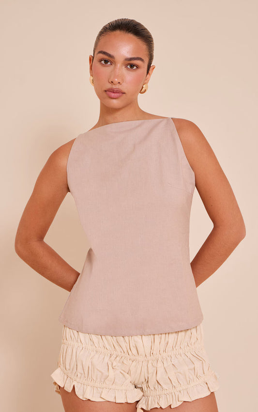 Taupe Linen Blend Back Detail Long Cami Top