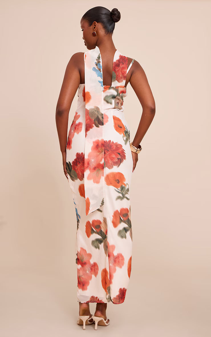 White Floral Print Chiffon Scarf Maxi Dress