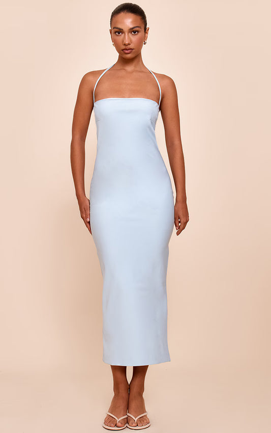 Baby Blue Woven Tailored Halter Neck Midaxi Dress