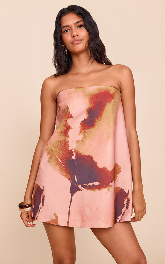 Brown Floral Printed Bandeau A-line Dress