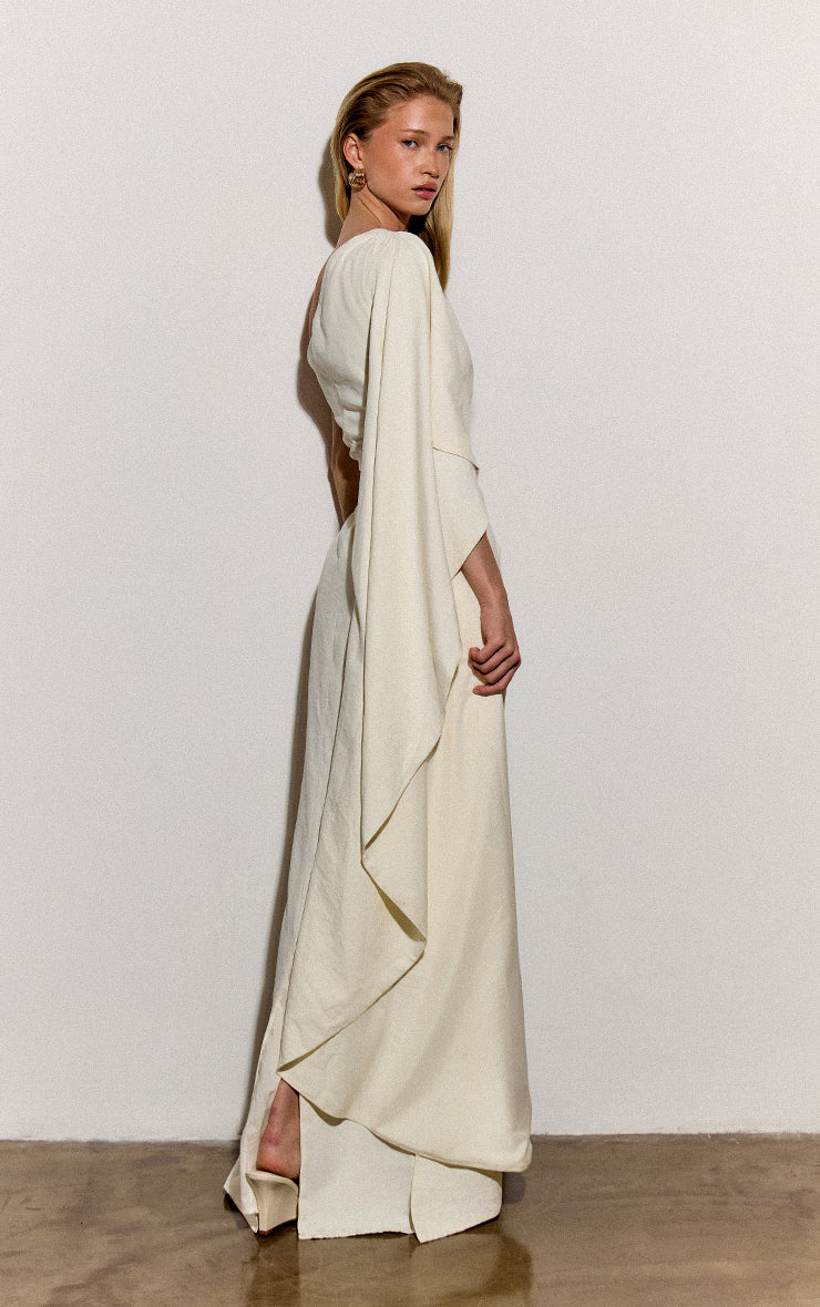 Oyster Textured Satin Sleeve Detail Maxi Dress