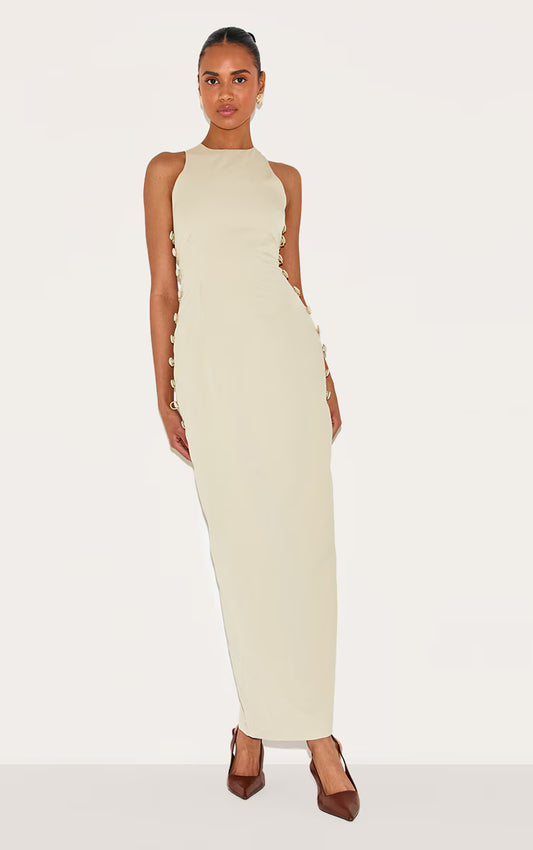 Sage Woven Racer Button Detail Midaxi Dress