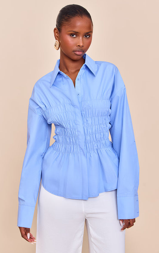 Blue Shirred Fitted Shirt