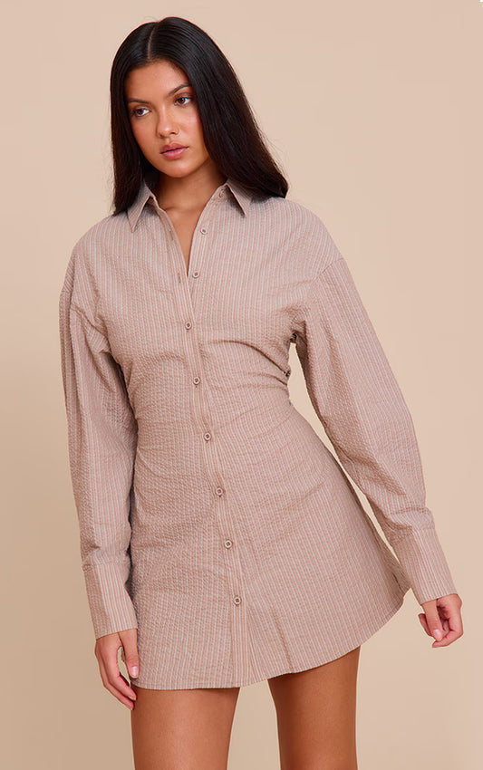 Taupe Pinstripe Seersucker Cinched Waist Shirt Dress