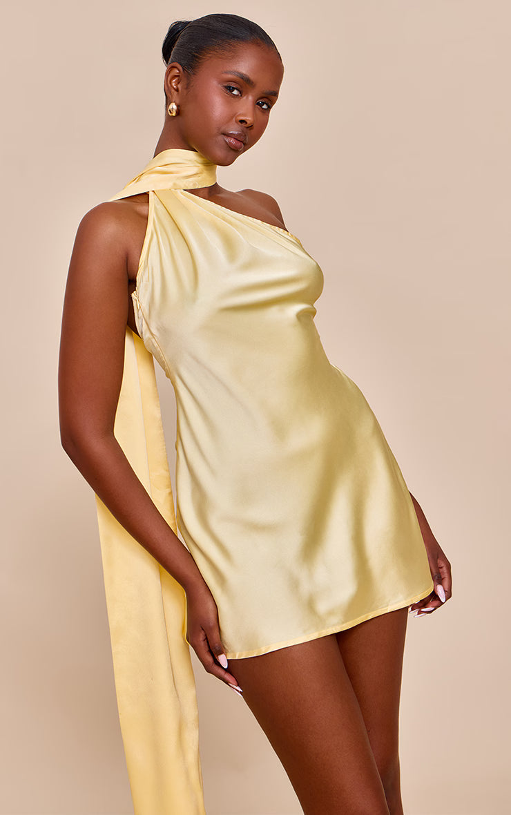 Lemon Satin Scarf Detail Shift Dress