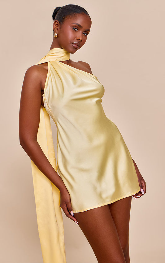 Lemon Satin Scarf Detail Shift Dress