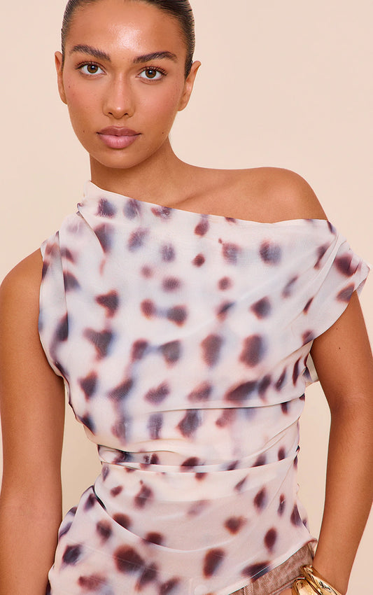 Cream Shell Printed Chiffon Asymmetric Hem Long Top