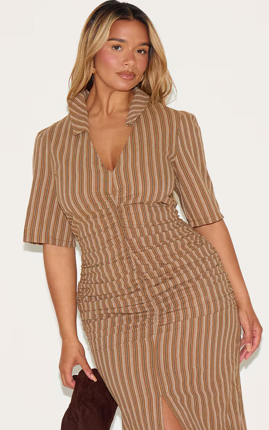 Shape Brown Striped Ruched Front Collared Split Front Maxi Dress