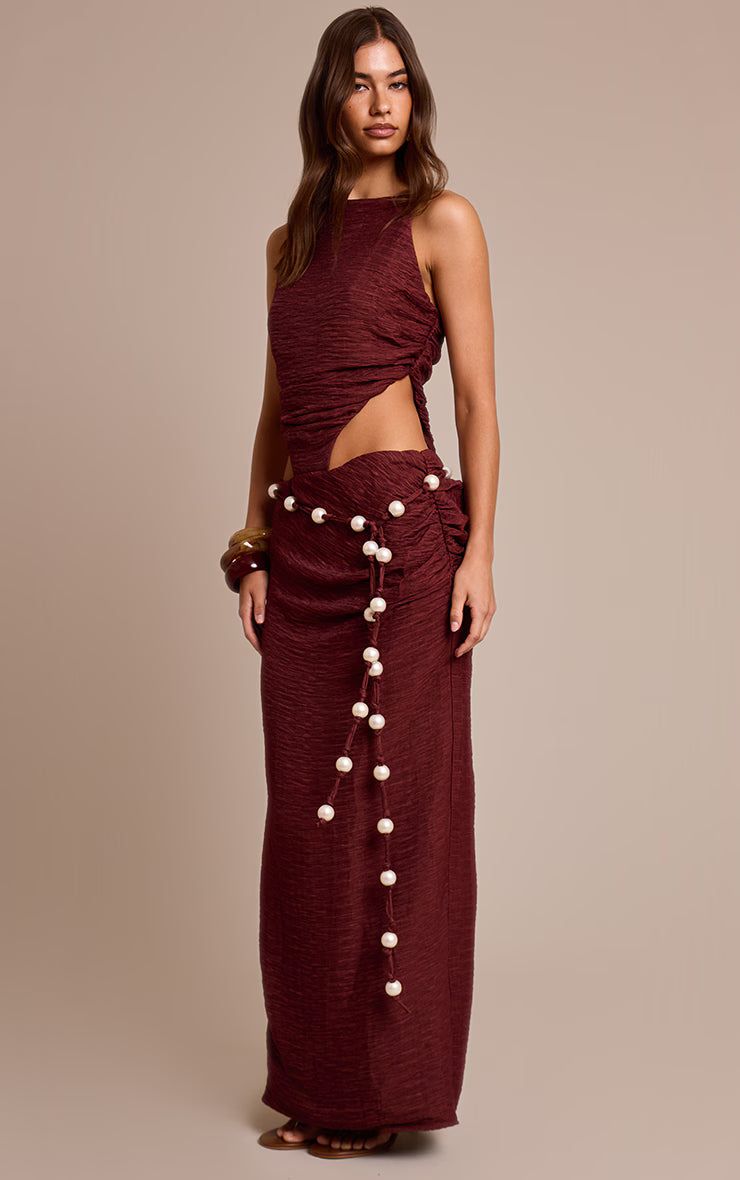 Burgundy Crinkle Textured Bead Detail Maxi Dress