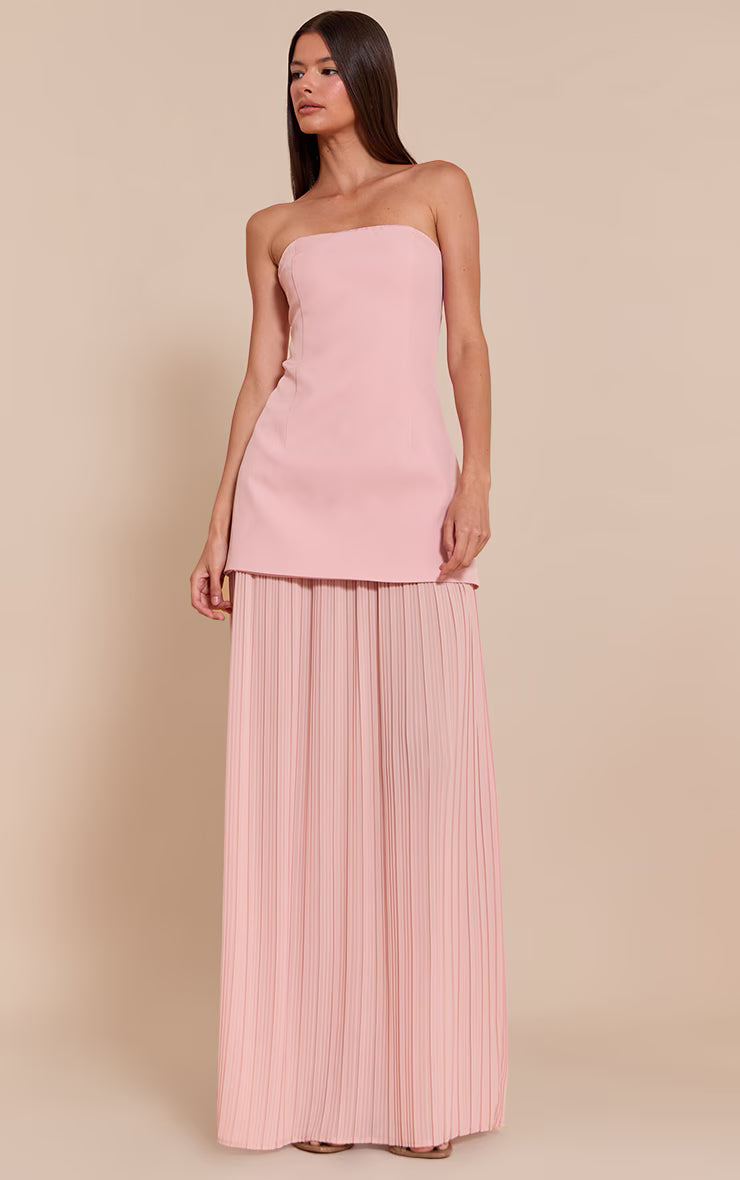 Blush Chiffon Pleated Skirt Panel Bandeau Maxi Dress