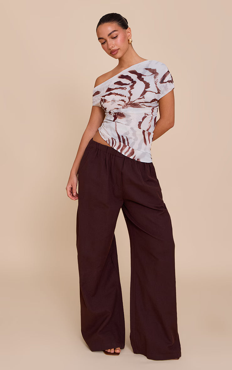 Pale Blue Abstract Shell Printed Chiffon Asymmetric Drape Long Top