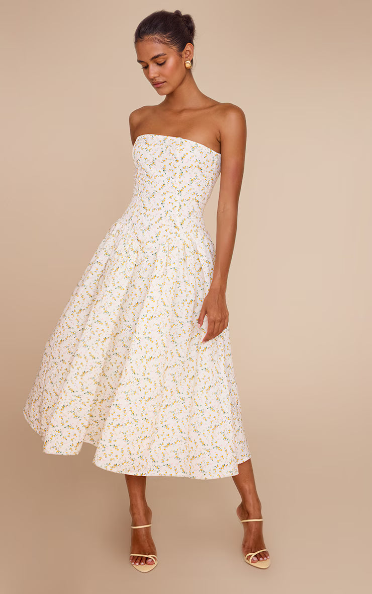 Yellow Ditsy Printed Bandeau Skater Midaxi Dress