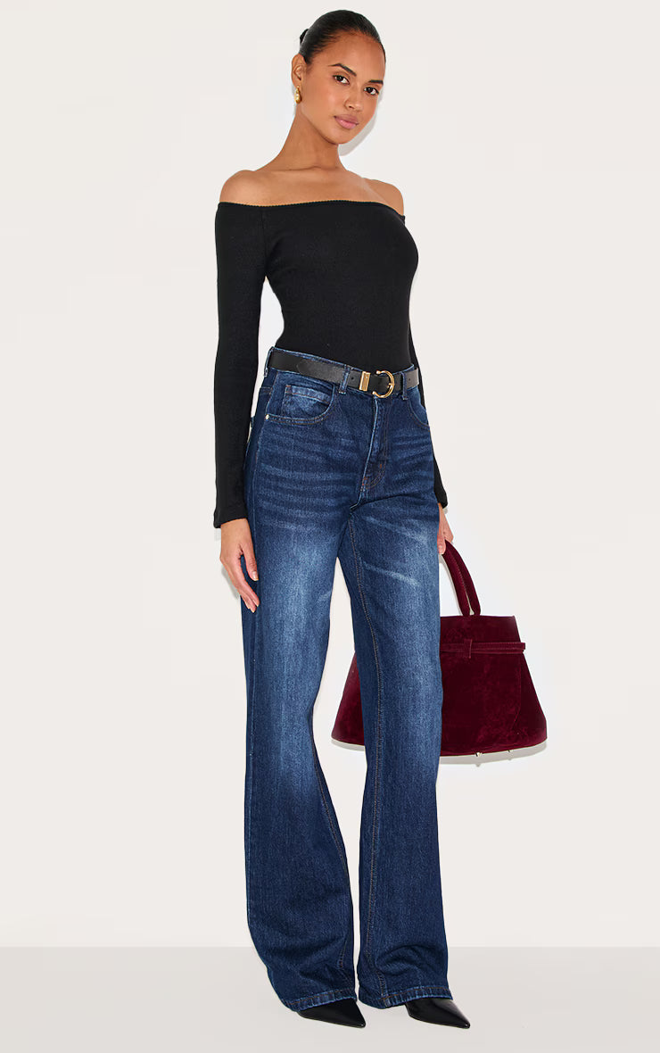 Black Brushed Rib Bardot Long Sleeve Bodysuit