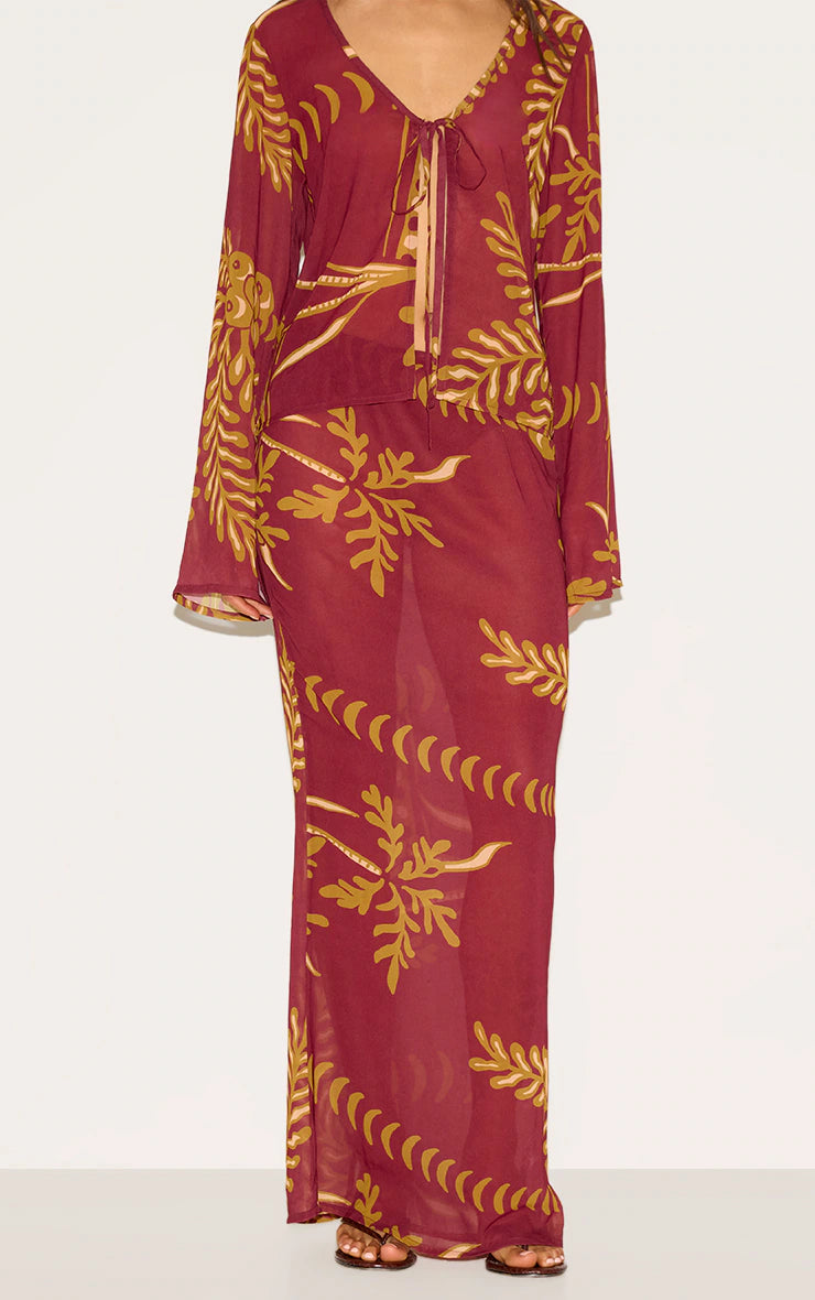 Brown Sheer Floral Tie Side Maxi Skirt