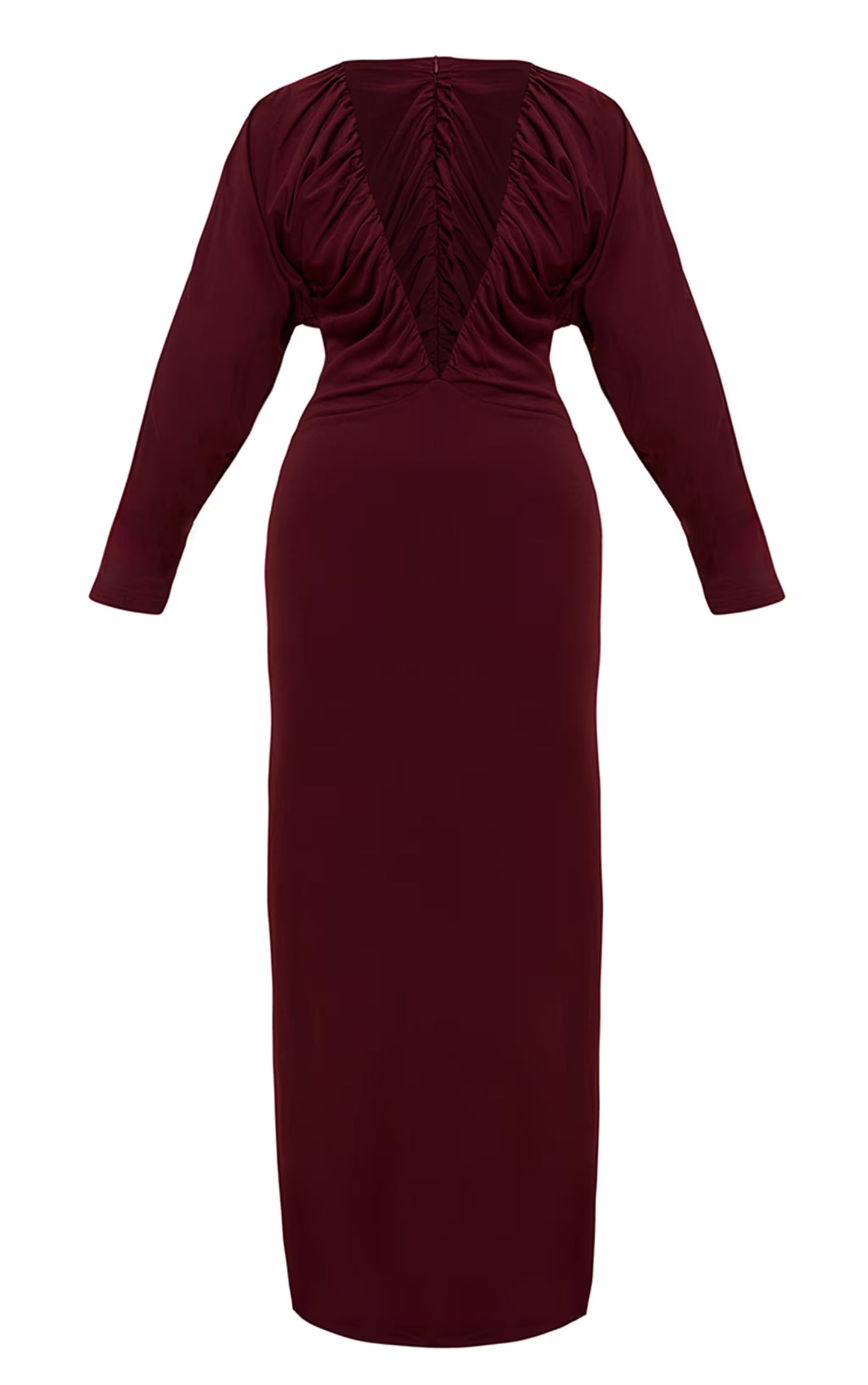 PLT Label Mulberry Slinky Ruched Plunge Batwing Maxi Dress