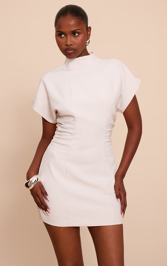Cream Cap  Sleeve Ruched Detail Mini Dress