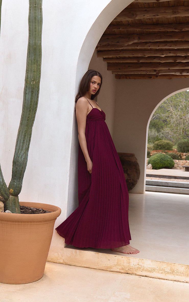 Wine Plisse Maxi Dress