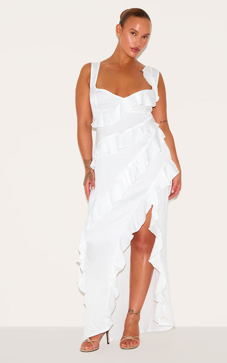 Plus White Satin Frill Layered Maxi Dress