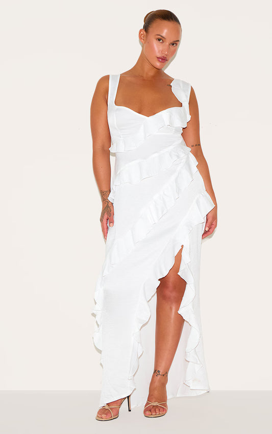 Plus White Satin Frill Layered Maxi Dress