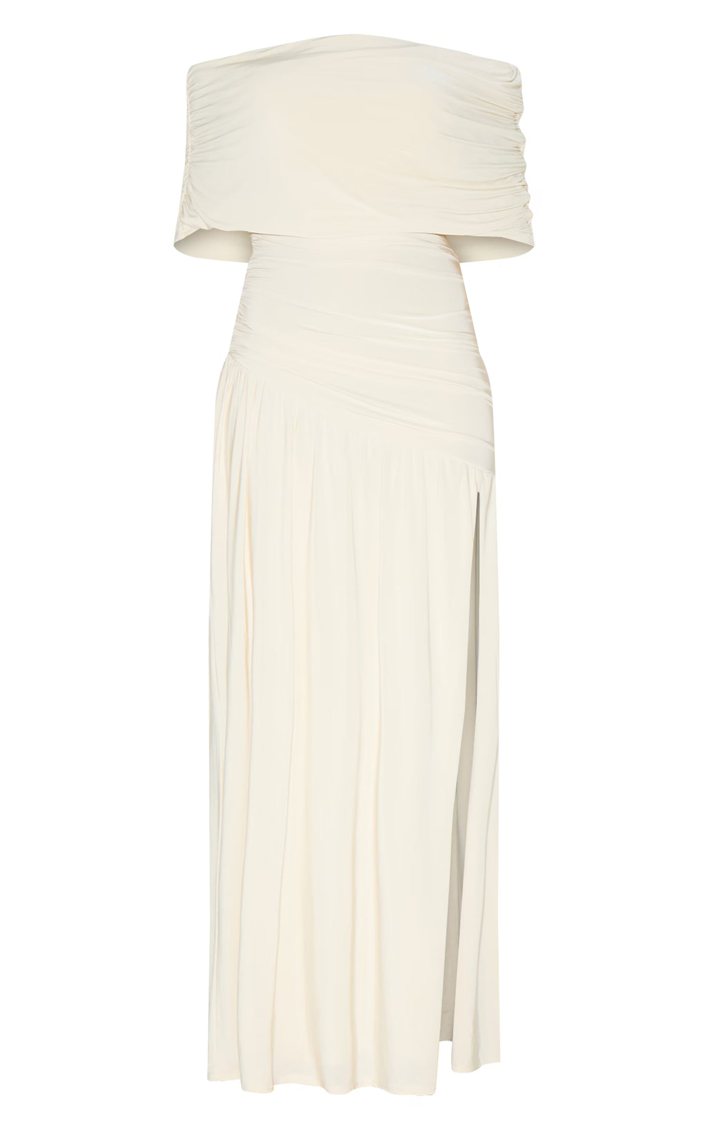 Petite White Double Layer Slinky Bardot One Shoulder Ruched Maxi Dress