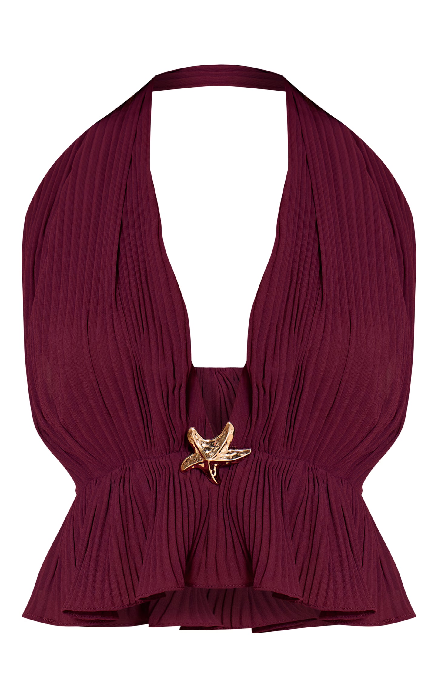 Petite Wine Plisse Trim Detail Halterneck Top
