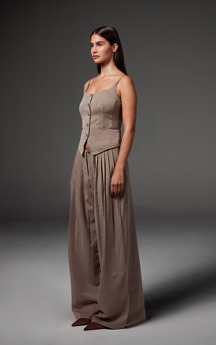 Premium Taupe Woven Pleated Waistband Extreme Wide Leg Pants