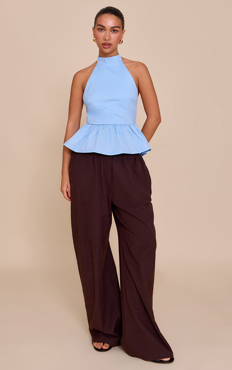 Blue Cotton Highneck Backless Long Top