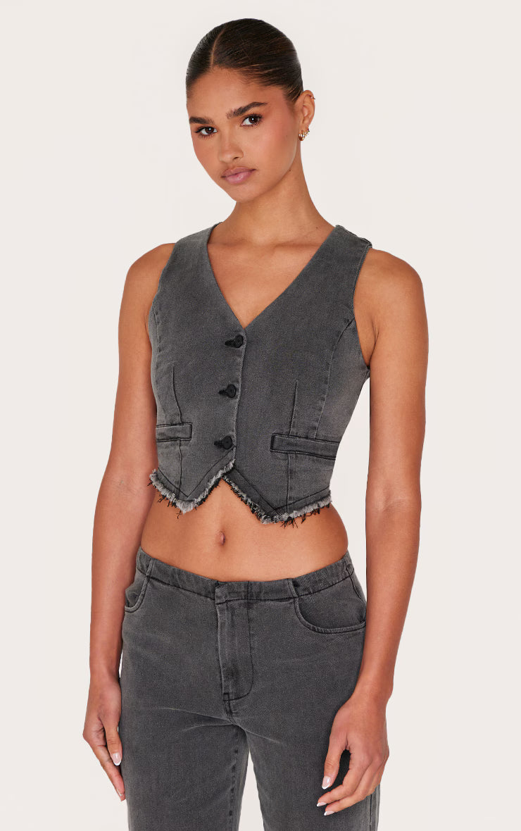 Washed Black Raw Hem Cut Out Back Denim Vest