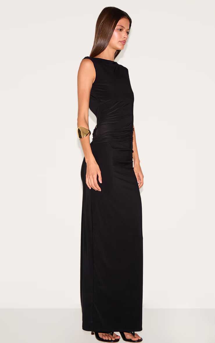 Black Double Layer Slinky Low Back Trim Detail Maxi Dress