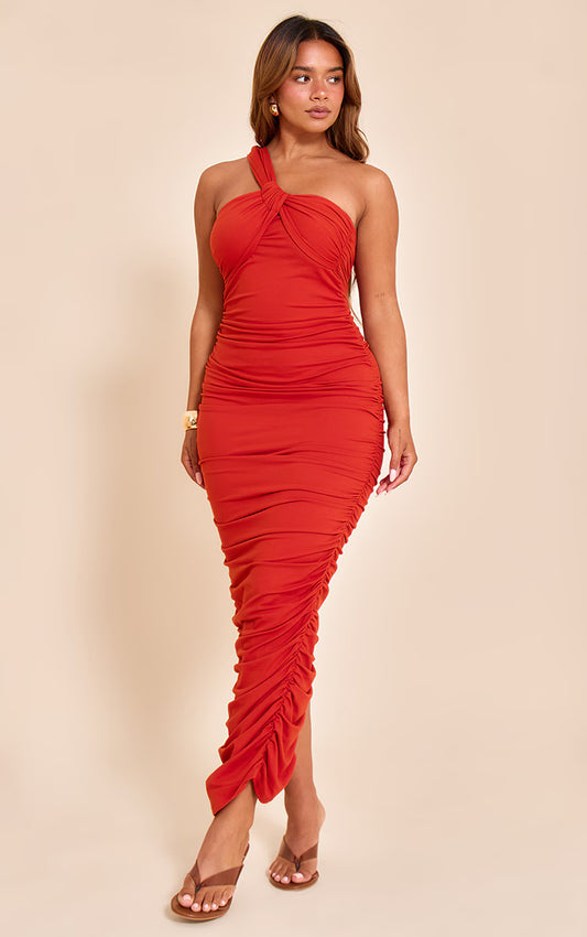 Shape Deep Red Sculpt One Shoulder Wrap Ruched Maxi Dress