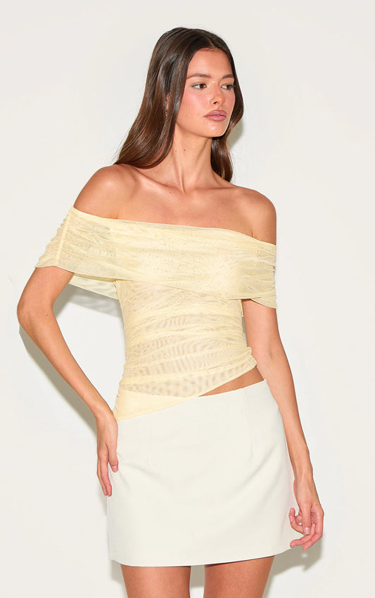 Lemon Mesh Foldover Ruched Bandeau Top