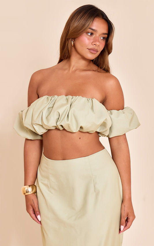 Shape Pale Lime Woven Puffball Bardot Top