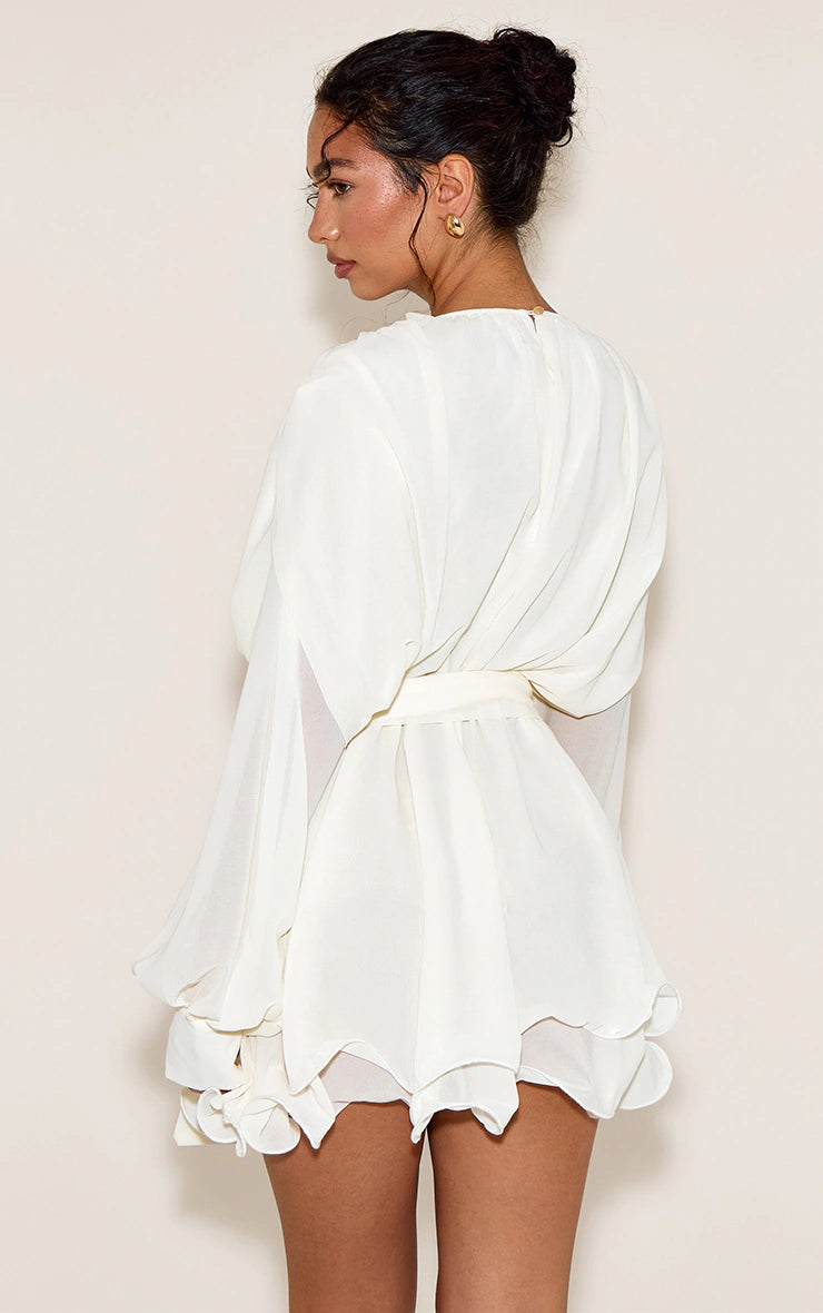 Cream Floaty Tie Detail Long Sleeve Shift Dress