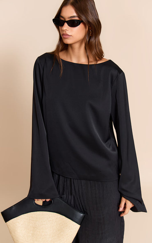 Black Satin Boat Neck Flare Sleeve Top